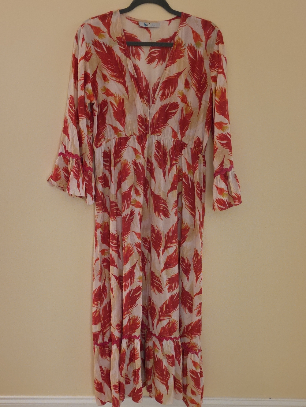 BINDU Red Feather Print Maxi Dress